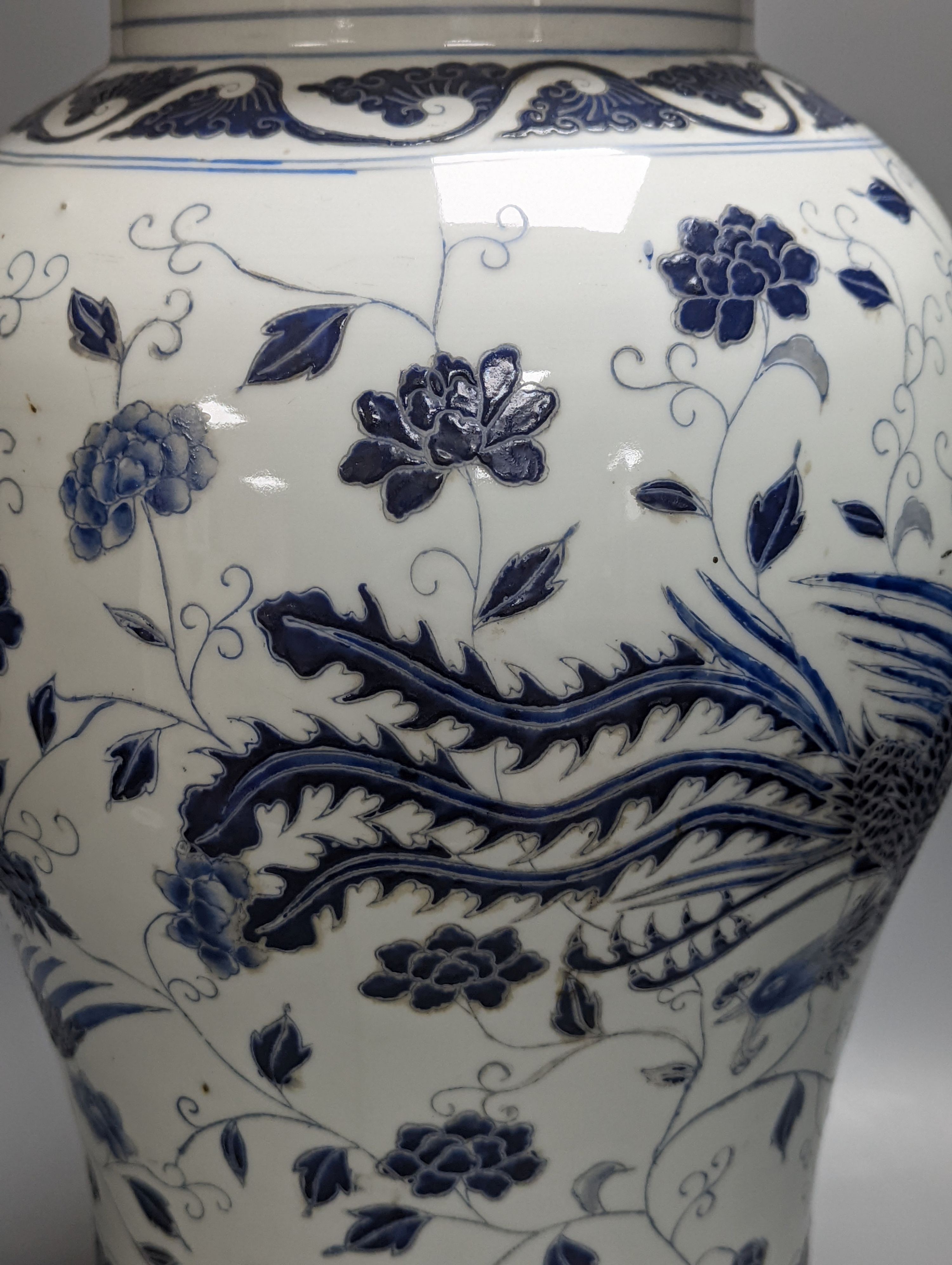 A Chinese blue enamelled porcelain baluster vase, converted to electric lamp 52cm